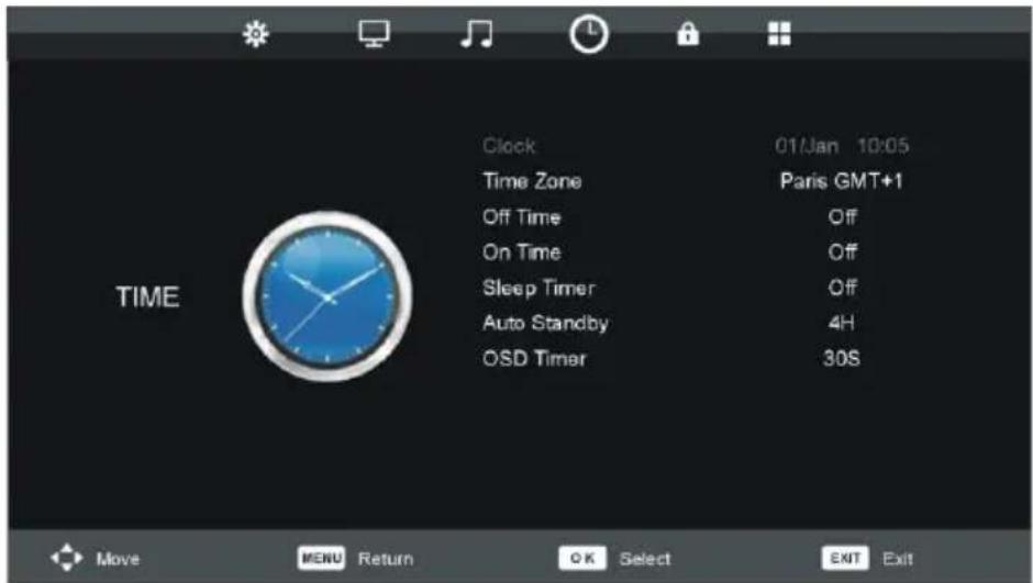 TIME Clock 01/Jan 10:05 Time Zone Paris GMT+1 Off Time Off On Time Off Sleep Timer Off Auto Standby 4H OSD Timer 30S Move MENU Return OK Select EXIT Exit