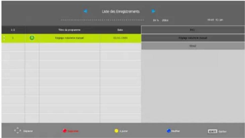 Liste des Enregistrements 54 % 19864 09:40 03 jcn 1/2 Titre de programme Date 802 1 Rapage latente manuel 03/01/1986 Rapage latente manuel 03:42 Dépréter Supérie A-galler Modifier EXIT Galler