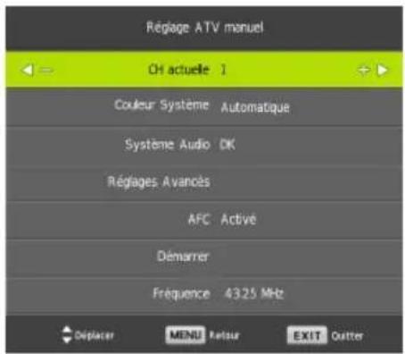 Réglage ATV manuel OH actuelle 1 Couleur Système Automatique Système Audio DK Régages Avancés AFC Active Démarrer Fréquence 43.25 MHz Déplacer MENU Retour EXIT Outter