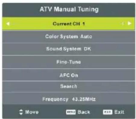 ATV Manual Tuning Current CH 1 Color System Auto Sound System DK Fine-Tune AFC On Search Frequency 43.25MHz Move Back Exit Exit