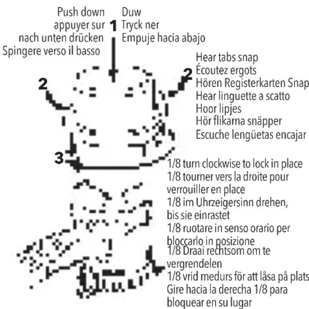 Push down appuyer sur nach unten drücken Spingere verso il basso 1 Duw Tryck ner Empuje hacia abajo 2 Hear tabs snap Écoutez ergots Hören Registerkarten Snap Hear linguette a scatto Hoor lipjes Hör flikarna snäpper Escuche lengüetas encajar 3 1/8 turn clockwise to lock in place 1/8 tourner vers la droite pour verrouiller en place 1/8 im Uhrzeigersinn drehen, bis sie einrastet 1/8 ruotare in senso orario per bloccarlo in posizione 1/8 Draai rechtsom om te vergrendelen 1/8 vrid medurs för att låsa på plats Gire hacia la derecha 1/8 para bloquear en su lugar