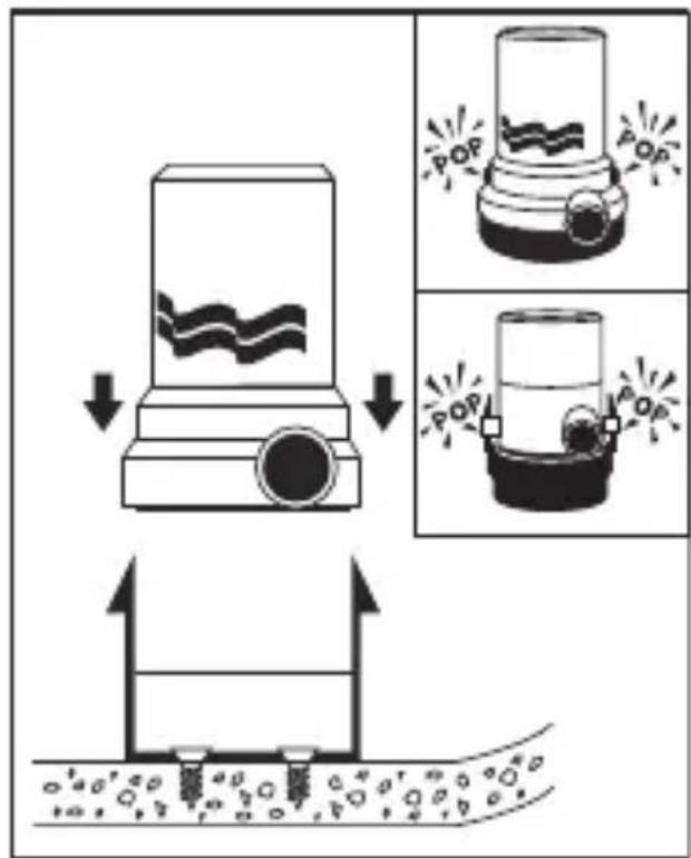 Diagram illustrating a water pump operation with labeled components and directional flow, showing step-by-step process.