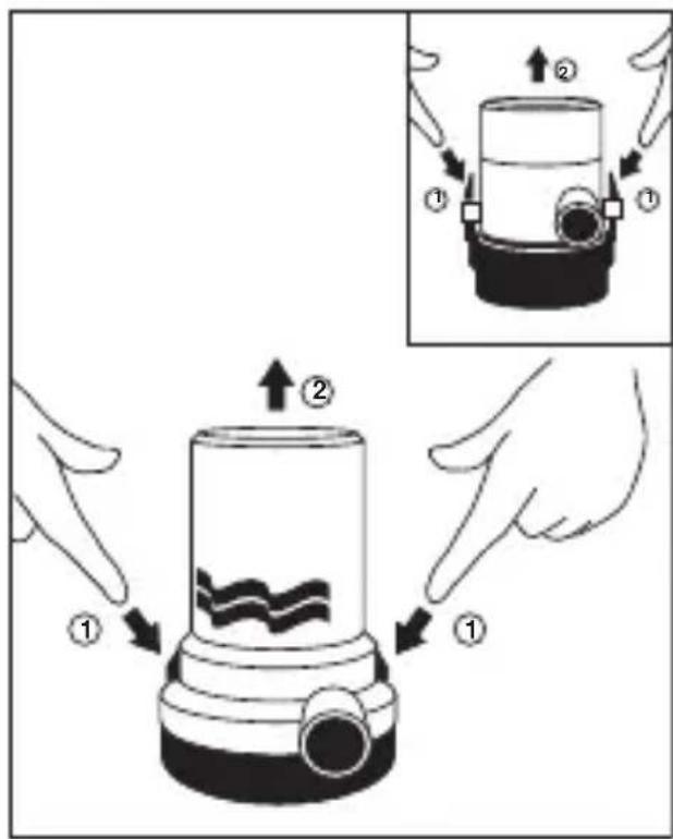 Diagram illustrating a mechanical device with labeled parts and directional arrows, showing motion steps for assembly or cleaning.