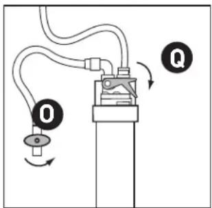 Diagram showing mechanical assembly with labeled components and rotation arrows