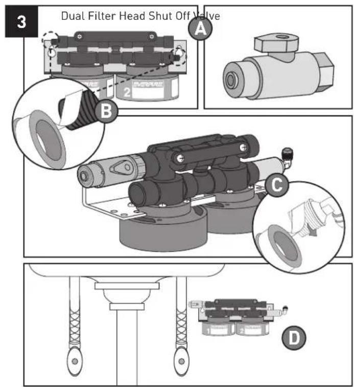 3 Dual Filter Head Shut Off Valve A B C D
