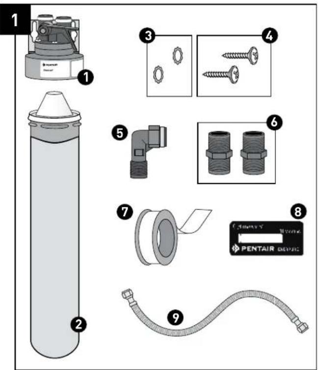 Exploded view diagram of a PENTAIR device with labeled parts including air purifier, hose, and screw assembly.