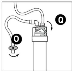 Diagram showing a mechanical or electrical device with labeled components O and Q, indicating directional or rotational movement.