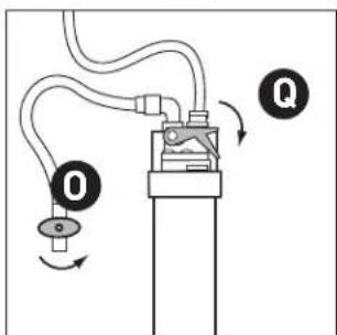 Diagram showing mechanical or electrical components with labeled parts O and Q, indicating directional movement or assembly.