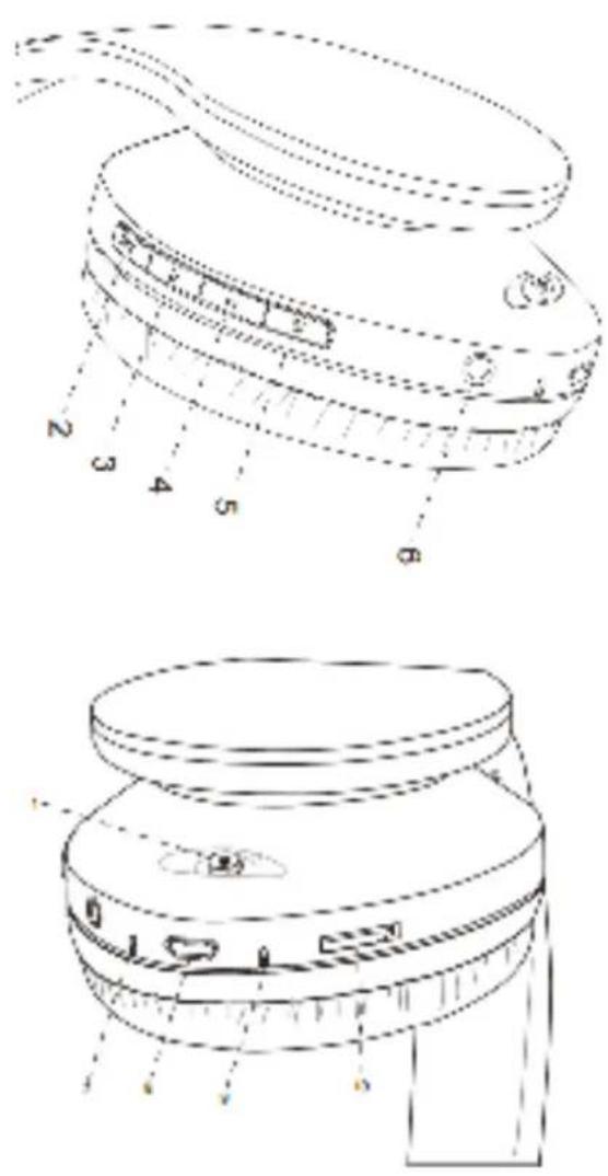 Technical diagram of a device with labeled parts and exploded view, showing top and side views with numbered annotations.