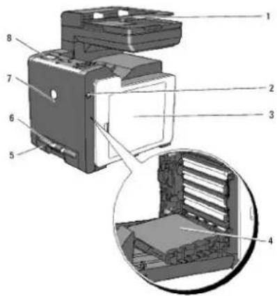 Technical diagram of an electronic device with numbered components and a magnified inset showing internal structure.
