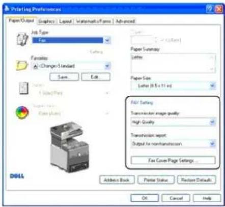 Printing Preferences Paper Output Graphics Layout Watercraft/Software Advanced Job Type Fan Settings Change-Standard Save Edit Paper Summary Letter Paper Size Letter (8.5 x 11 x) Full Setting Transmission Image quality: High Quality Transmission Report: Output for nontransmission Fax Cover Page Settings... Address Back Printer Status Restore Default OK Cancel Help