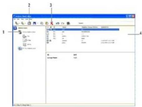 Screenshot of a software interface with labeled components and a data table, showing tables, columns, and a table with '1' highlighted.