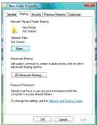 New Folder Properties General Sharing Security Previous Version Customize Network File and Folder Sharing New Folder Not Shared Network Path: Not Shared Share... Advanced Sharing Set custom permissions, create multiple shares, and set other advanced sharing options IP Advanced Sharing... Password Protection People must have a user account and password for the computer to access shared folders. To change the setting, use the Network and Sharing Center OK Cancel Apply