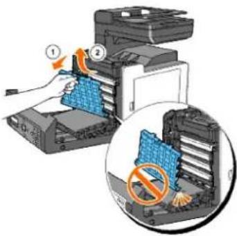 Diagram illustrating printer printing process with numbered steps and a magnified view showing disassembly of paper into a machine.