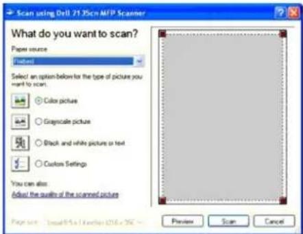 Scan using Dell 71.35cn MFTP Scanner What do you want to scan? Paper source (Flatten) Select an option below for the type of picture you want to scan. Color picture Grayscale picture Black and white picture or text Custom Settings You can also: Adjust the quality of the scanned picture Preview Scan Cancel