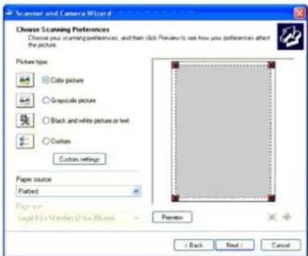 Scanner and Camera Wizard Choose Scanning Preferences Choose your scanning preferences, and then click Preview to see how your preferences attach the picture. Picture type Color picture Grayscale picture Black and white pictures or text Customs Custom settings Paper source Flabed Page size Level 8.2 x 14 inches (21.6 x 35 mm) Preview + Back Next > Cancel