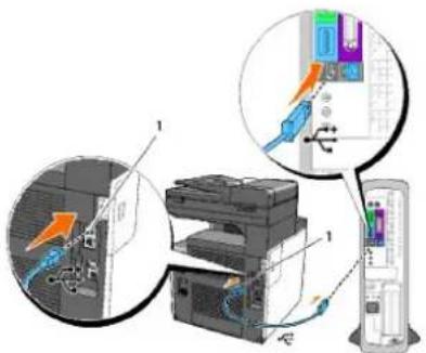 Diagram illustrating a printer setup with labeled components and zoomed-in views showing internal components and connections.