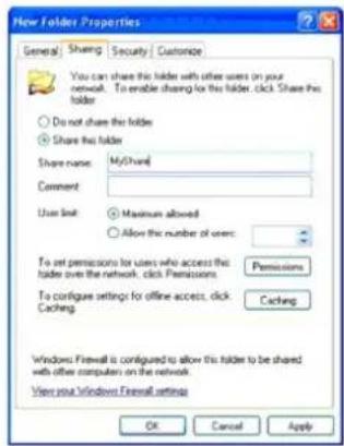 New Folder Properties General Sharing Security Customize You can share this folder with other users on your network. To enable sharing for this folder, click Share this folder. Do not share this folder Share this folder Share name: MyChane Comment: User link: Maximum allowed Allow the number of users: To set permissions for users who access this folder over the network, click Permissions To configure settings for offline access, click Caching. Permissions Caching Windows Firewall is configured to allow this folder to be shared with other computers on the network. View your Windows Firewall settings OK Cancel Apply