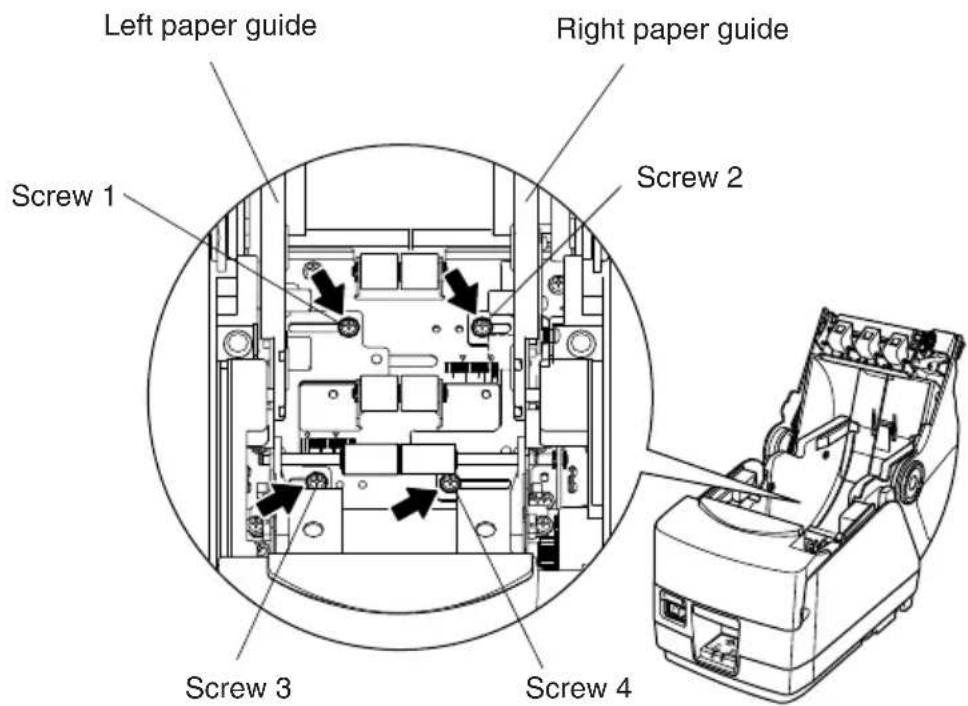 Left paper guide Right paper guide Screw 1 Screw 2 Screw 3 Screw 4