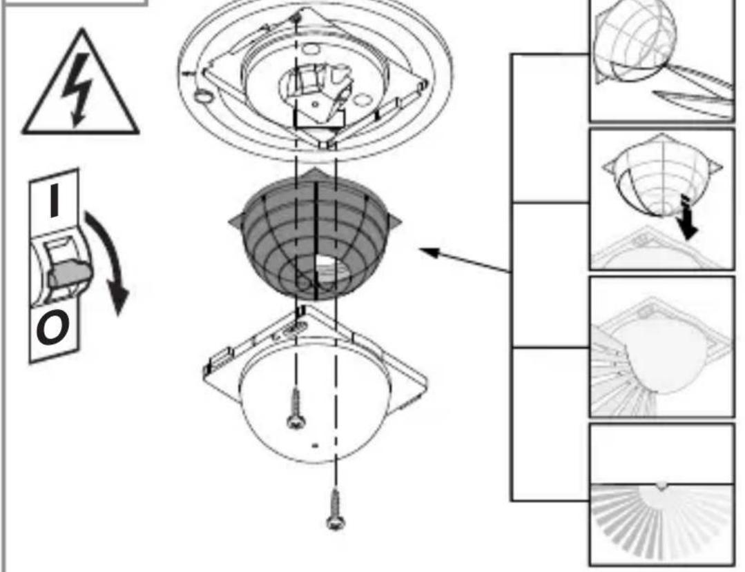 Technical diagram illustrating a mechanical assembly with warning symbols and exploded views of components
