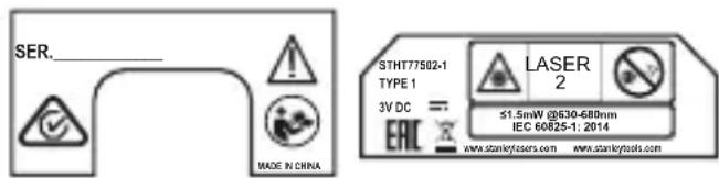 SER. MADE IN CHINA STHT77502-1 TYPE 1 3V DC = EAC LASER 2 $1.5mW @630-680nm IEC 60825-1: 2014 www.stankyfassers.com www.stankytools.com