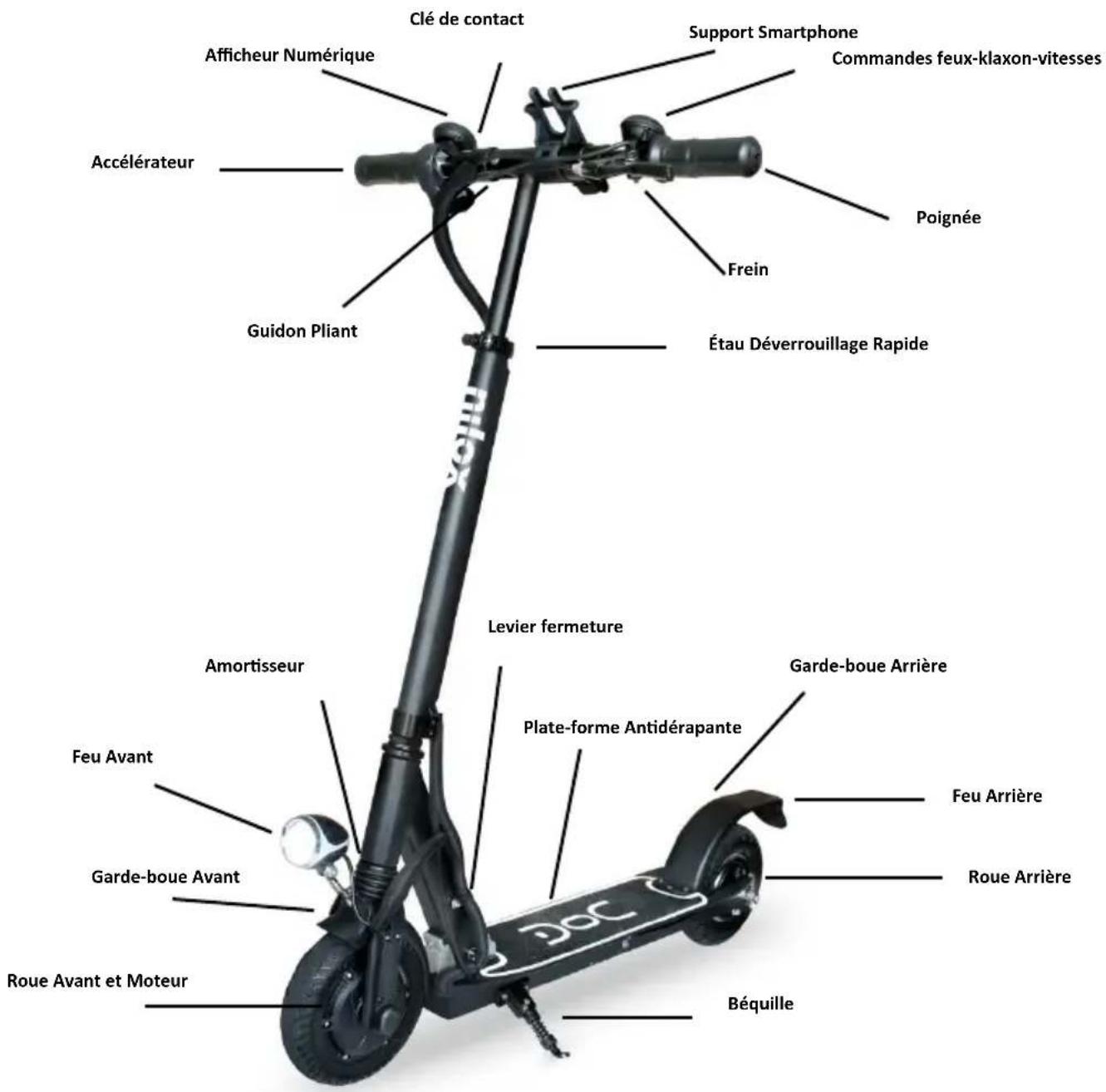 Clé de contact Support Smartphone Commandes feux-klaxon-vitesses Poignée Accélérateur Frein Guidon Pliant Étau Déverrouillage Rapide Levier fermeture Amortisseur Plate-forme Antidérapante Garde-boue Arrière Feu Avant Garde-boue Avant Béquille Roue Arrière Roue Avant et Moteur Doc