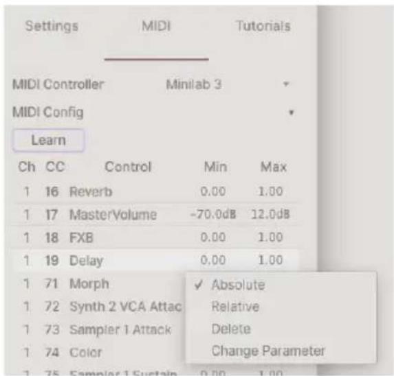 Arturia Augmented BRASS - Menu MIDI Parameter - 1