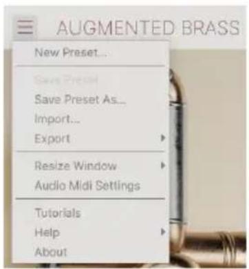 Arturia Augmented BRASS - Le menu Augmented BRASS - 1