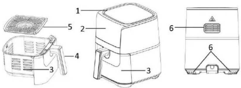Technical diagram of a cooking air fryer with labeled parts including fan, air fryer, and heater
