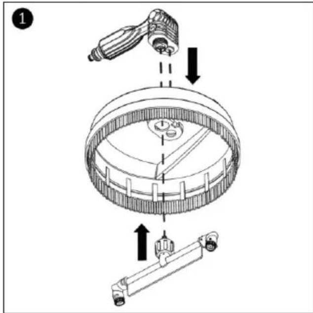 Technical diagram showing mechanical assembly steps with labeled components and directional arrows