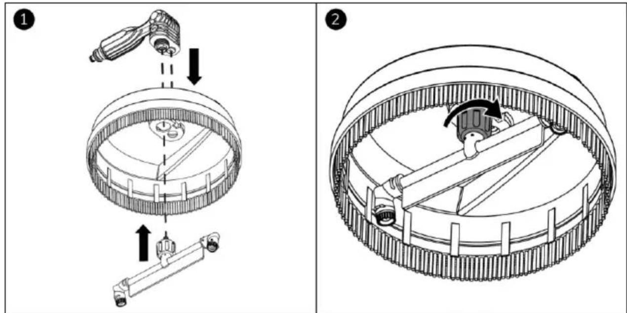 Technical diagram showing mechanical assembly steps with labeled components and directional arrows