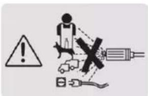 Safety warning symbol with warning triangle, pictogram of person using device, and plug-in plug