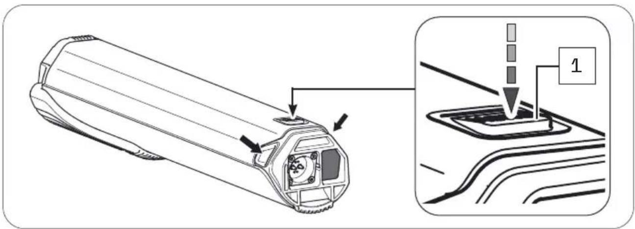 Technical diagram showing a cylindrical device with internal components and an inset view of a component labeled '1'
