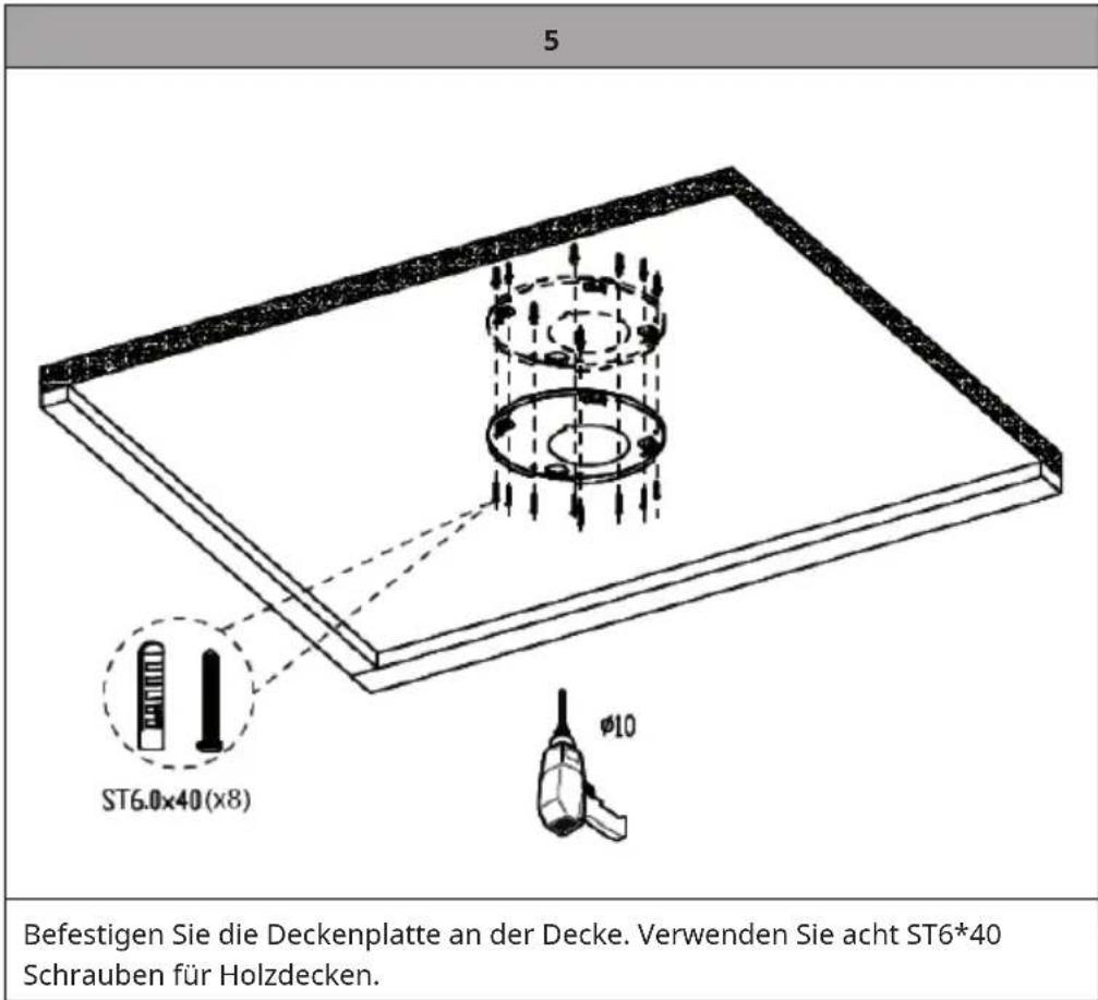 5 ST6.0x40(x8) φ10 Befestigen Sie die Deckenplatte an der Decke. Verwenden Sie acht ST6*40 Schrauben für Holzdecken.