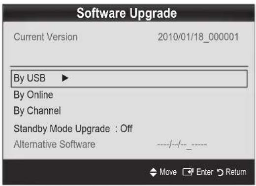 Software Upgrade Current Version 2010/01/18_000001 By USB ▶ By Online By Channel Standby Mode Upgrade : Off Alternative Software ----/--/---_ ---- Move Enter Return
