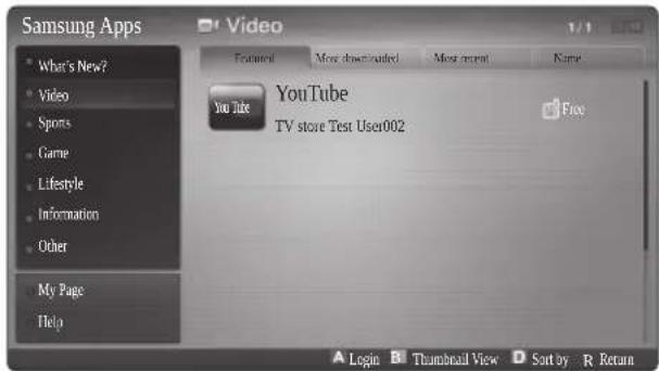 Samsung Apps What's New? Video Sports Game Lifestyle Information Other My Page Help Video Featured More downloaded More recent Name: YouTube TV store Test User002 Free Login Thumbnail View Sort by R Return