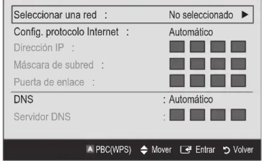 Seleccionar una red : No seleccionado ▶ Config. protocolo Internet : Dirección IP : Máscara de subred : Puerta de enlace : Automático DNS : Automático Servidor DNS :