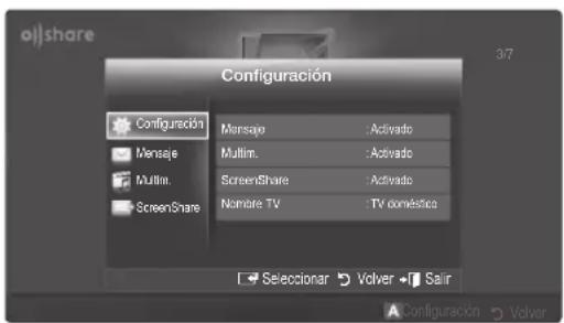 Configuración Configuración Message Mullim. ScreenShare Nombre TV Activado Activado Activado TV doméstica Selecciónar Volver Salir Configuración Volver