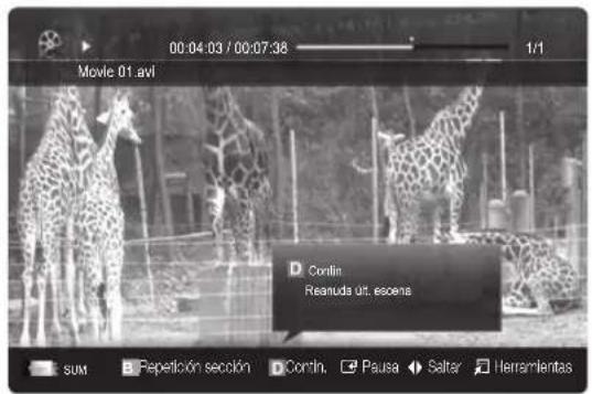 00:04:03 / 00:07:38 1/1 Movie 01.avi Contin Reanuda út. escena SUM Fepetición sección Contin. Pausa Saltar Herramientas