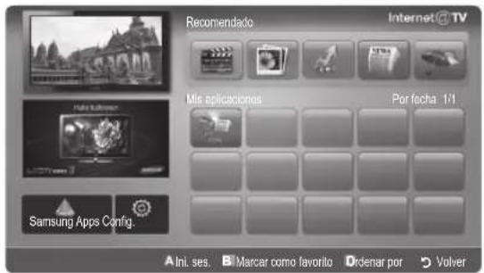 Recomendado Internet@TV Mis aplicaciones Per fecha 1/1 Samsung Apps Config. A Ini. ses. B Marcar como favorilo Orderar por Volver