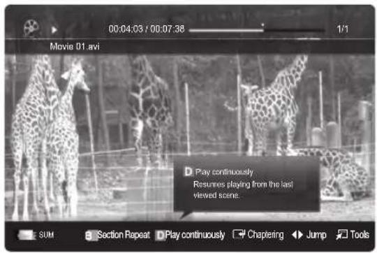 00:04:03 / 00:07:38 Movie 01 avi Play continuously Resumes playing from the last viewed scene. SUM Section Repeat Play continuously Chaptering Jump Tools