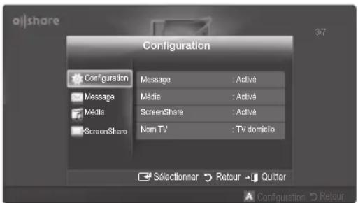 Configuration Message : Active Média : Active ScreenShare : Active Nom TV : TV domicile Sélectionner Retour Quitter Configuration Retour