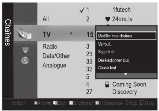 All 1futech 24ore.tv TV 15 Radio 3 Data/Other 23 Analogue 33 32 5 4 27 Modifier mes chaînes Verrouil. Supprimer Désélectionner tout Choisir tout Coming Soon Discovery Hertzien Antenne Zoom Sélectionner Tr des canaux Page Outls