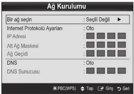 Ağ Kurulumu Bir ağ seçin : Seçili Değil ▶ Internet Protokolü Ayarları : Oto IP Adresi : Alt Ağ Maskesi : Ağ Geçidi : DNS : Oto DNS Sunucusu : PBC(WPS) Taşı Giriş Geri