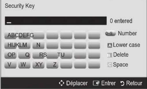 Security Key 0 entered ABCDEFG HIJKLM N OP Q RS TU V W XY Z 0-9 Number Lower case Delete Space Déplacer Entrer Retour