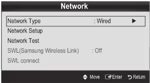 Network Network Type : Wired ▶ Network Setup Network Test SWL(Samsung Wireless Link) : Off SWL connect Move Enter Return