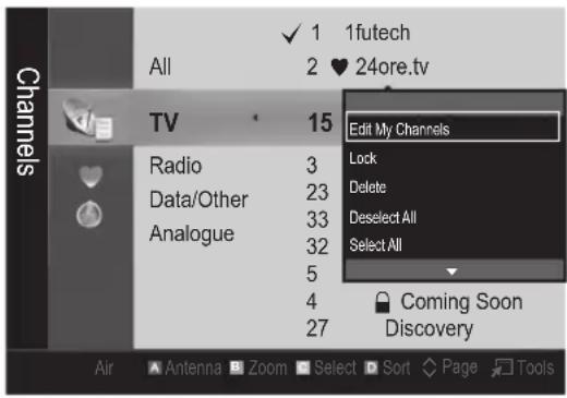1futech All 2 ♥ 24ore.tv TV 15 Edit My Channels Radio 3 Lock Data/Other 23 Delete Analogue 33 Deselect All 5 Select All 4 Coming Soon 27 Discovery Air Antenna Zoom Select Sort Page Tools