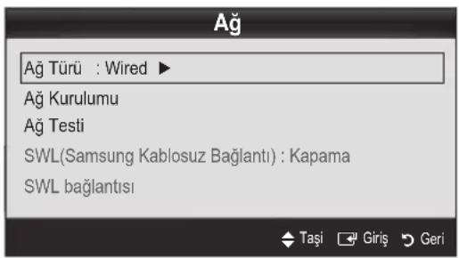 Ağ Ağ Türü : Wired ▶ Ağ Kurulumu Ağ Testi SWL(Samsung Kablosuz Bağlantı) : Kapama SWL bağlantısı Taşı Giriş Geri