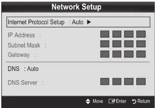 Network Setup Internet Protocol Setup : Auto ▶ IP Address : Subnet Mask : Gateway : DNS : Auto DNS Server :