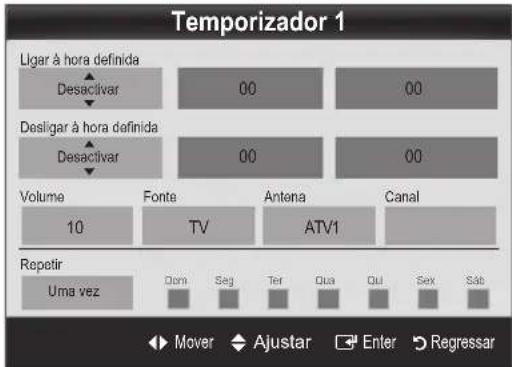 Temporizador 1 Ligar à hora definida Desactivar 00 00 Desligar à hora definida Desactivar 00 00 Volume 10 Fonte TV Antena ATV1 Canal Repetir Uma vez Dora Seg Ter Qua Qui Sex Sáb Mover Ajustar Enter Regressar